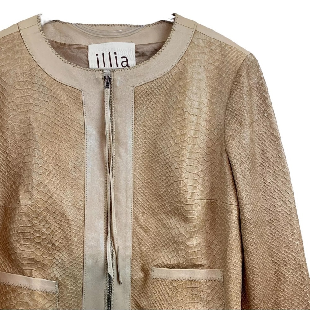 Illia Genuine Leather Animal Snakeskin Textured Zip Moto Jacket Beige Tan Size 8 - Picture 3 of 8